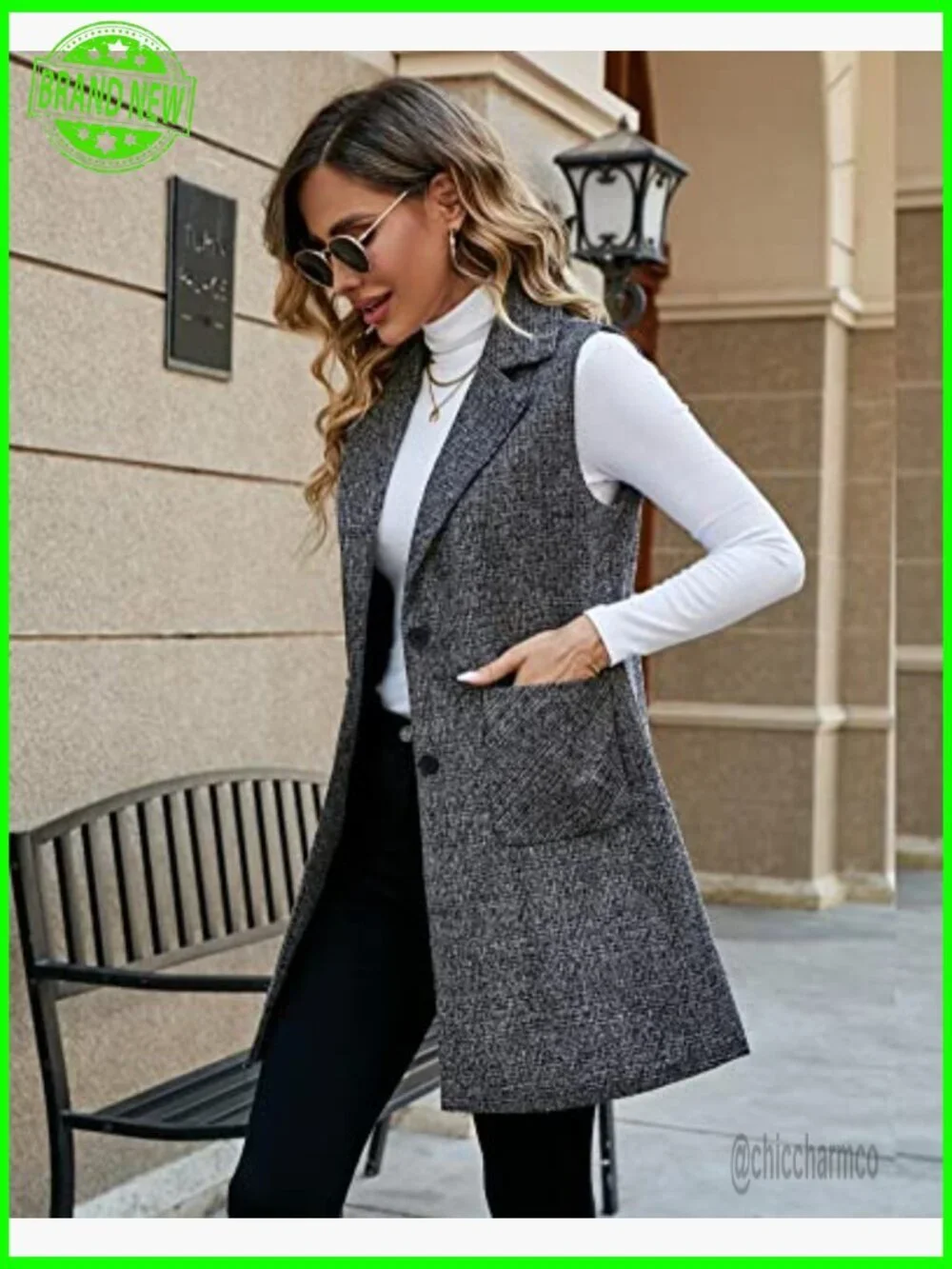 Sleeveless Tweed Blazer Jacket Longline Vest Outerwear Women